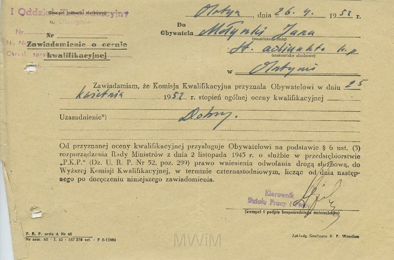 KKE 5643.jpg - Dok. Pismo z I Oddziału Eksploatacyjnego w Olsztynie dla Jana Małyszko dotyczące kwalifikacji zawodowych, Olsztyn, 26 IV 1952 r.